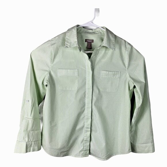 Chico's Blouse Size 1 (8) White Green Stripe - Picture 1 of 9